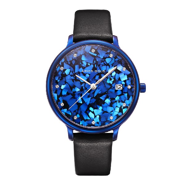 ARIES GOLD ENCHANT FLEUR BLUE STAINLESS STEEL L 5035 PUR-TL LEATHER STRAP WOMEN'S WATCH